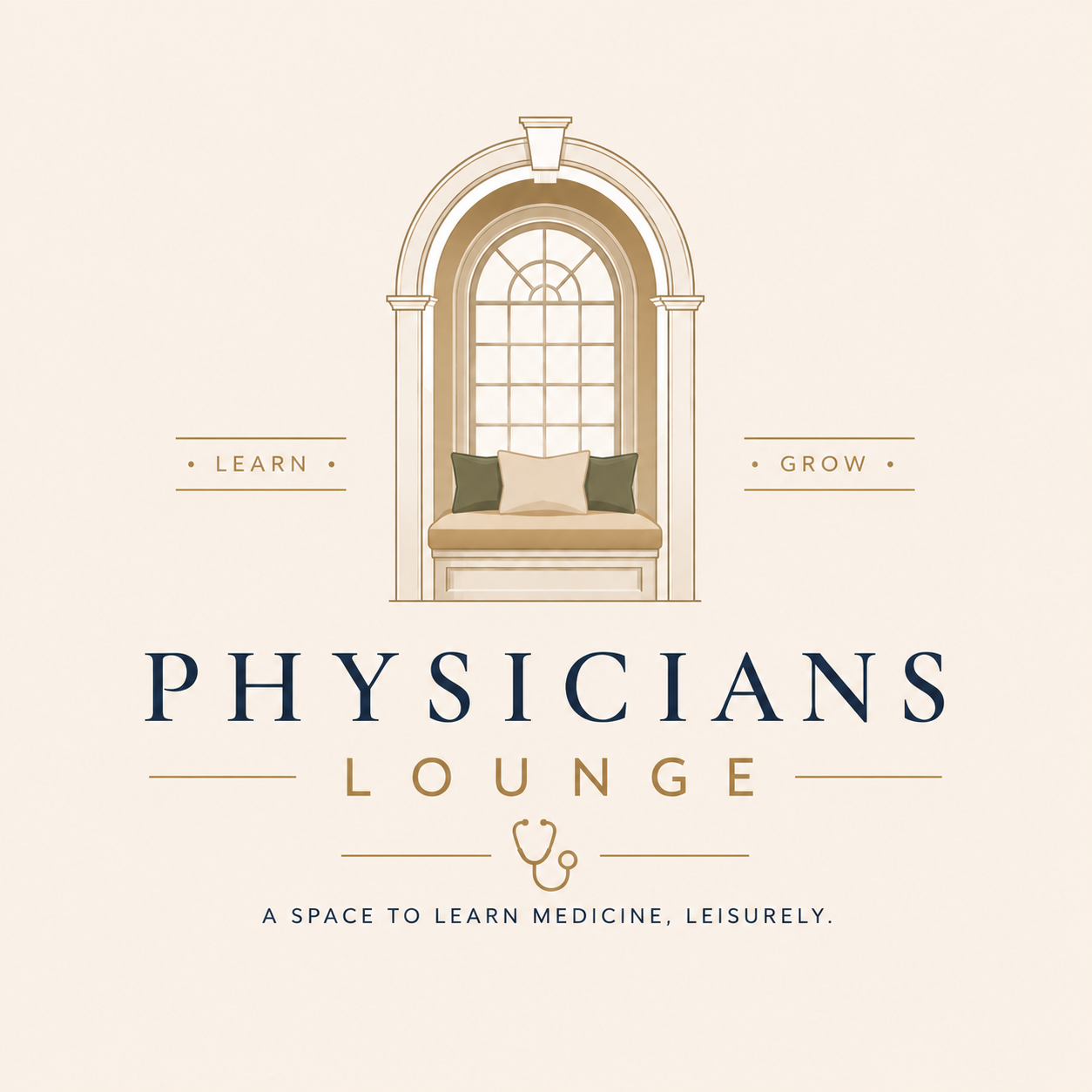 Physicians Lounge arched window and reading nook emblem